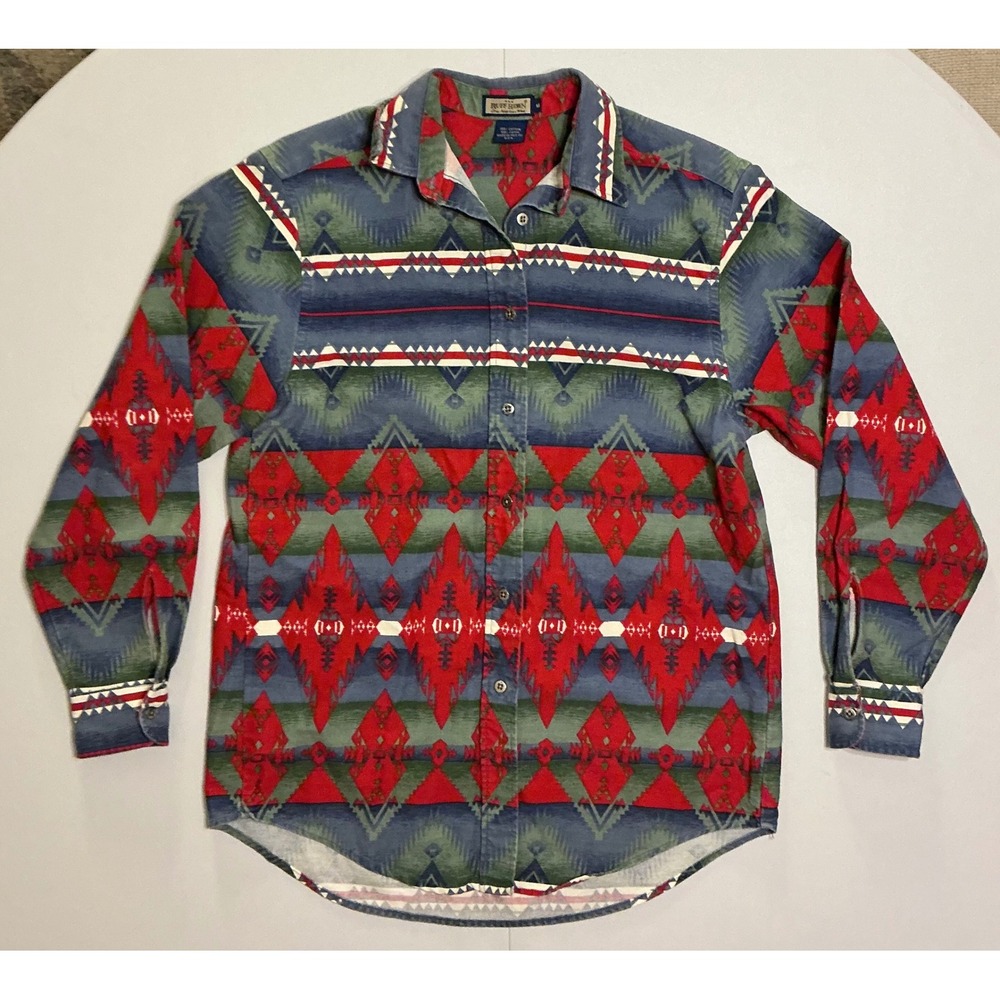 VTG USA Made Ruff Hewn Southwestern Tribal Aztec Cotton Button Down Shirt Men M‎